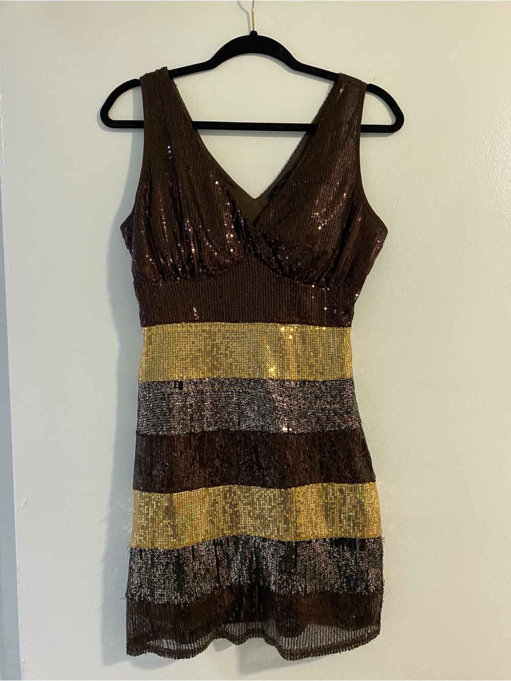 Lulumari Brown, Gold & Silver Sequin V-Neck Mini Dress